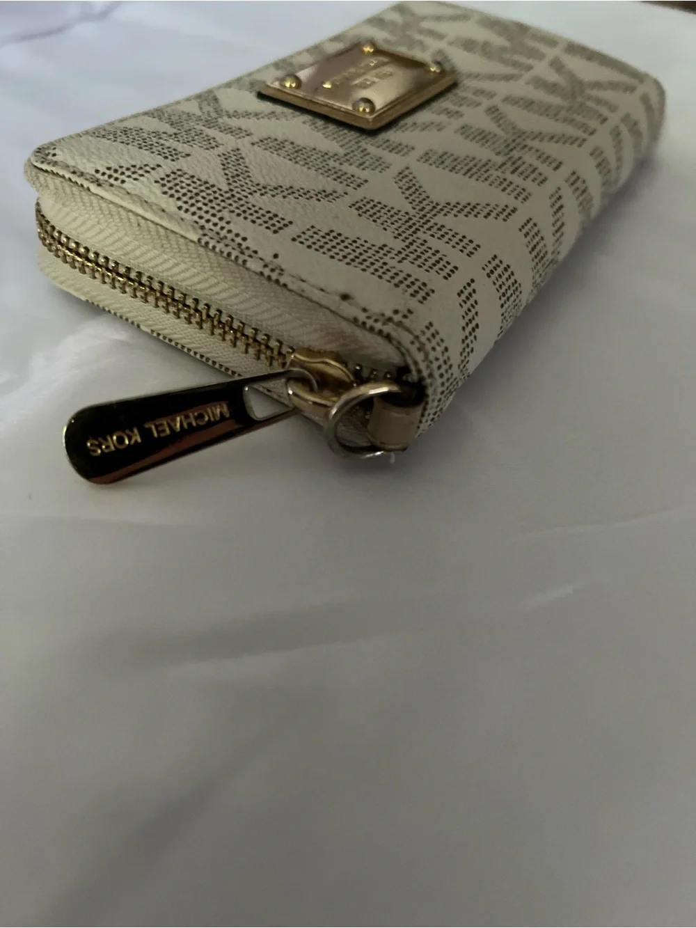 Michael Kors Tan Signature MK Zip Around Wallet with Gold Plaque